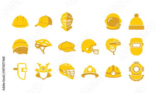 A collection of yellow vector icons showing different professional and sport helmets. This set includes headwear for construction, safety, and various activities.