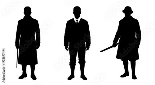 Vintage Men Silhouettes: Three Gentlemen in Classic Suits and Overcoats