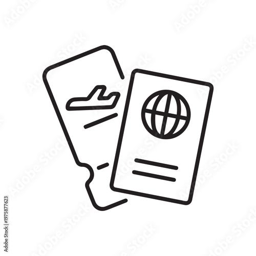 Plane ticket and passport round line vector icon with editable stroke, representing travel documents and essentials.
