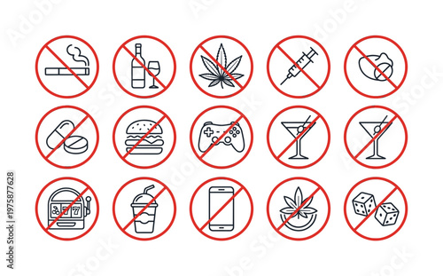 Collection of prohibition signs and vector icons for bad habits. Stop smoking, alcohol, drugs, and fast food. Healthy lifestyle and restriction concept.