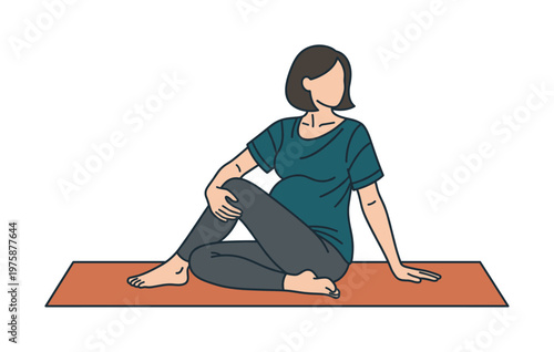 A pregnant woman doing yoga exercise for wellness. This illustration is great for articles and guides on prenatal fitness, stretching, and a healthy maternal lifestyle.