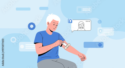 Man Applying Bandage to Arm, Receiving Online Medical Advice