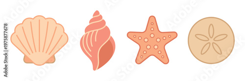 Colorful, flat vector collection of sea creatures: scallop, conch, starfish, sand dollar. Ideal for holiday promotions, children's books, or casual branding.