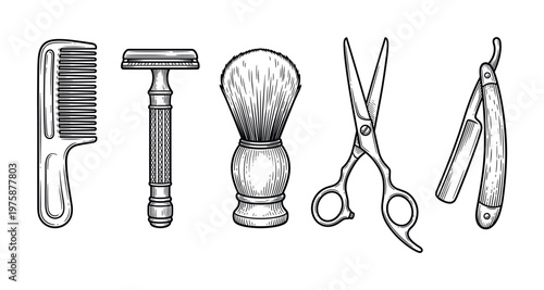 Set of vintage barbershop tools. Engraving style vector illustration of a comb, razor, brush, and scissors for a salon, grooming, or hairdresser branding.