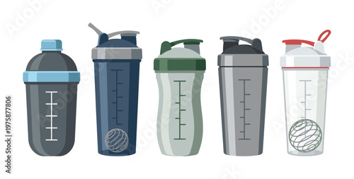 A vector set of colorful protein shaker bottles for fitness and gym. A collection of sports nutrition containers for mixing protein drinks and supplements.