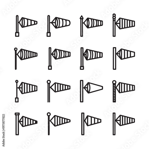 Collection of Wind Sock Icons in Linear Style on White Background