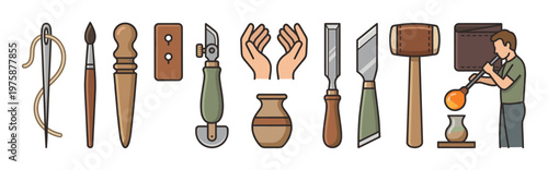 A set of vector icons representing handmade crafts and hobbies. Includes tools for pottery, glassblowing, leatherwork, and art. Perfect for workshop or DIY themes.