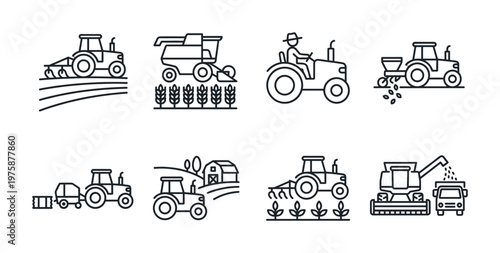 Modern line art icons of agricultural farm machinery and farming activities: plowing, harvesting, seeding. Ideal for infographics, web, and apps on agriculture.