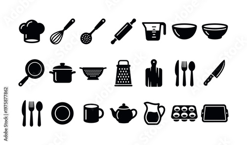 Clean vector icons of essential kitchen utensils and cooking tools. Perfect for web, app UI, menus, or food-related designs, emphasizing culinary tasks.