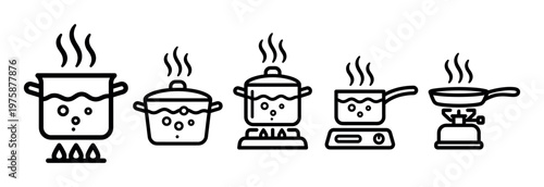 Set of cooking icons. Boiling water in pot, pan, and saucepan on a stove. Vector line art for recipes, food blogs, or cooking instructions.