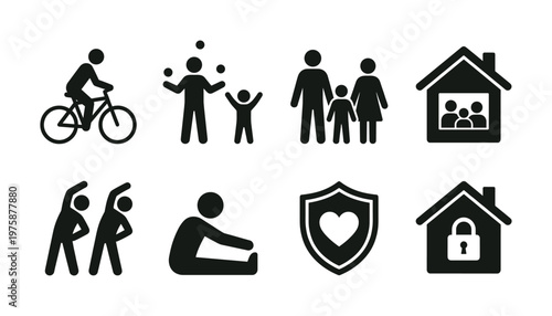 Vector icon set representing family, health, home security, and active lifestyle. Ideal for web, app, or print designs needing relatable human activity and safety symbols.