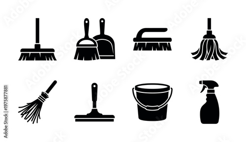 Vector set of black silhouette icons depicting essential household cleaning tools like broom, mop, bucket, and spray bottle. Ideal for cleaning services, apps, or product design.
