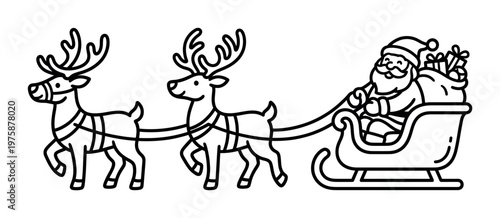 Cheerful Santa Claus in his sleigh, pulled by two smiling reindeer with gifts. This charming vector art is ideal for holiday designs, children's crafts, and festive branding.