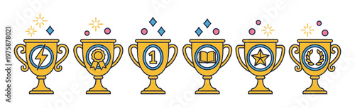 A set of six golden trophy cup icons symbolizing achievement, success, and victory. Vector illustration for awards, competition, and gamification concepts.