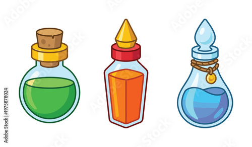 A set of colorful magic potion bottles for fantasy games. This vector elixir illustration includes health, mana, and power-up icons for RPG or alchemist concepts.