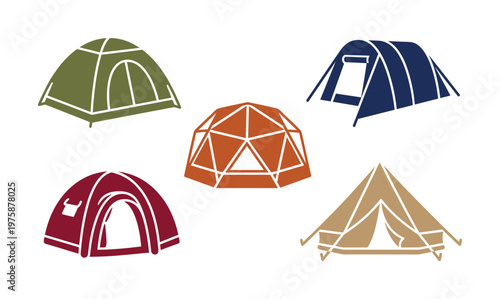 A collection of colorful camping tent icons for tourism and outdoor adventure design. Vector set includes dome, tunnel, and glamping tents for travel concepts.