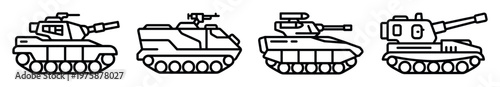 A set of four modern military tank vector line icons. Ideal for game UI, mobile apps, educational content, and military-themed designs. Simple, clean, and adaptable.