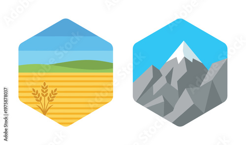 Flat design vector icons portraying a wheat field with green hills and majestic snowy mountains. Ideal for agriculture, travel, and environmental themes.