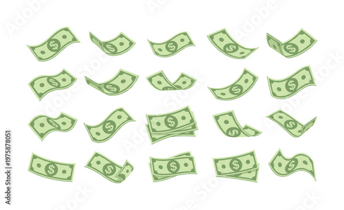 Vector illustration of falling dollar bills and money stacks. Ideal for financial concepts, success, wealth, earning, and banking themes.