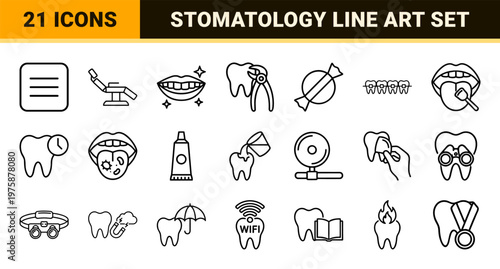 Minimalist dental care and oral hygiene outline icon collection