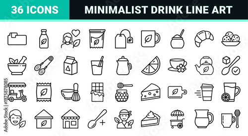 Minimalist tea and herbal beverage outline icons set