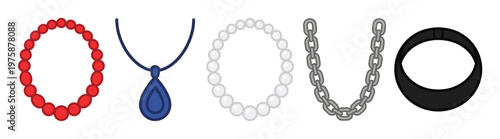 Vector illustration of assorted necklaces: red beads, blue pendant, white pearls, silver chain, black choker. Perfect for jewelry design, fashion icons, and e-commerce visuals.