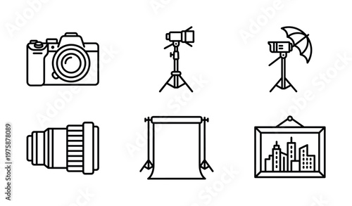A set of photography and studio equipment line icons. Includes camera, lens, light, and backdrop. Perfect for graphic design, websites, and creative projects.