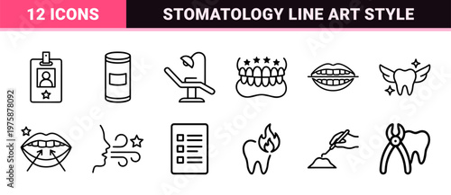 Minimalist dental care and oral hygiene outline icon set