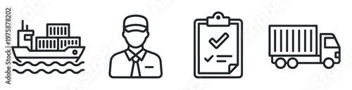 Modern vector line icons for logistics, shipping, and delivery services, including cargo ship, manager, checklist, and truck. Ideal for web, apps, and presentations.