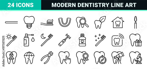 Minimalist dental healthcare line icons set for professional clinic and oral hygiene.