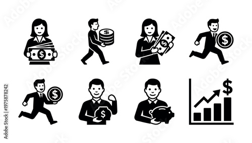 This vector set features business people with money, savings, and financial growth icons. Ideal for finance, banking, and investment-related designs.