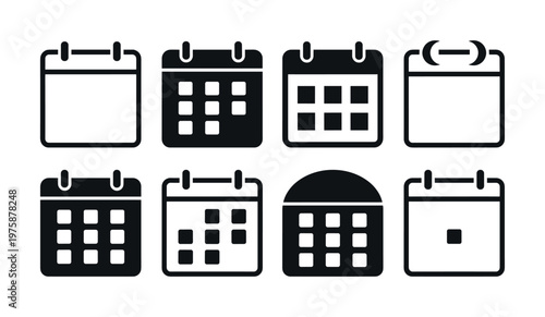 Eight black and white calendar icons vector set. Ideal for web UI, app design, event planning, and time management. Clean, modern, and versatile symbols.
