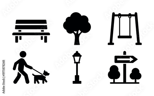 Vector icons featuring park elements: bench, tree, swing, dog walker, lamppost, sign. Ideal for maps, web design, apps, or outdoor activity infographics.