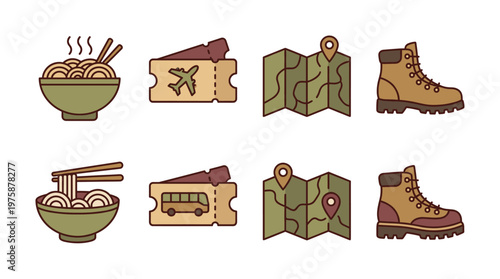 Collection of flat design travel, food, and adventure icons including noodles, plane and bus tickets, maps, and hiking boots. Perfect for digital media.