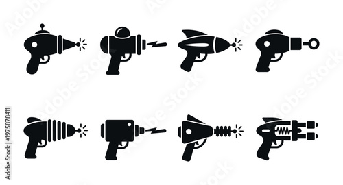 Eight distinct retro futuristic ray gun vector icons, ideal for gaming, science fiction projects, vintage themes, or graphic design elements.