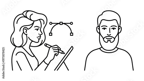 Minimalist line art icon of a female graphic designer drawing a male portrait on a digital tablet. Represents creative professions, illustration, and vector art.