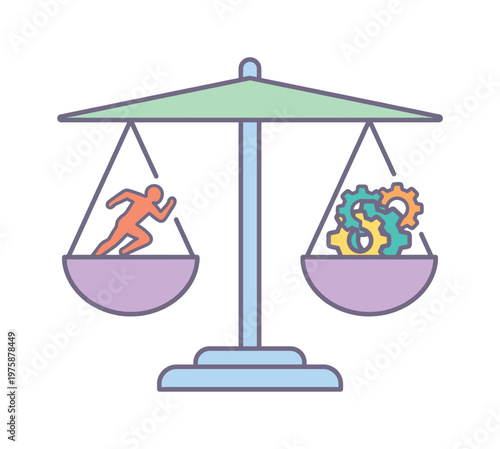 Vector icon of scales balancing human labor and technology. A running man vs gears symbolizes the choice between manual work and automation. For business concepts.