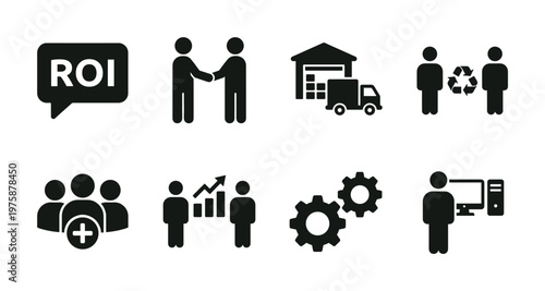 A collection of professional flat black vector business icons. Includes symbols for ROI, teamwork, logistics, growth, sustainability, and digital work. Ideal for web, apps, and presentations.