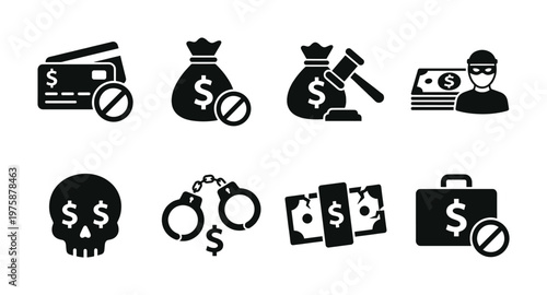 A vector icon set about financial crime, fraud, and corruption. Includes symbols for theft, bribery, and bankruptcy for legal and business concepts.