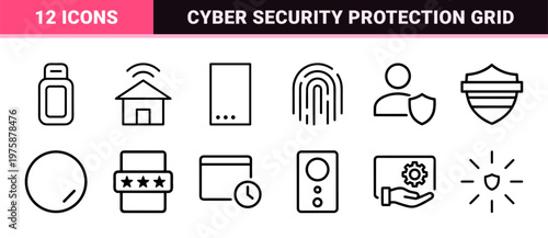 Minimalist cybersecurity and data protection outline icon set