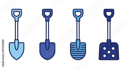 A collection of four simple blue shovel vector icons for gardening, construction, and digging tools. Perfect for apps, websites, or informational graphics.