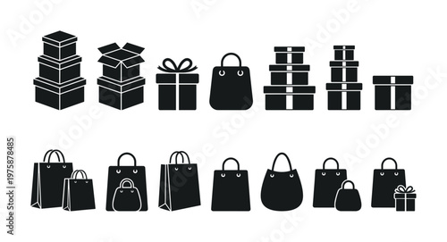 Modern vector icon set featuring black silhouettes of shopping bags, gift boxes, and shipping boxes. Ideal for e-commerce, retail, holidays, and promotions.