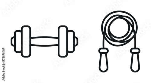 A set of simple fitness icons featuring a dumbbell and a jump rope. Minimalist vector line art for gym, workout, and health concepts.