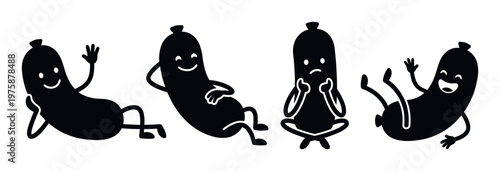 A set of funny cartoon sausage character mascots in different poses. A vector collection of emotions: happy, relaxed, sad, and joyful. For icons or branding.