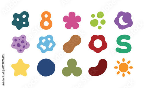 A vibrant collection of diverse abstract, organic, and simple vector shapes and symbols in bright colors. Ideal for modern design projects, kids' content, and creative branding.
