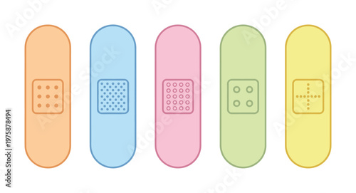 Bright vector illustration of five colorful adhesive bandages. Ideal for medical, first aid, or healthcare designs, kid-friendly projects, and educational materials.