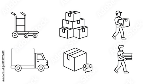 Vector icon set depicting delivery and logistics elements like boxes, truck, dolly, and movers. Ideal for web, apps, or business graphics.