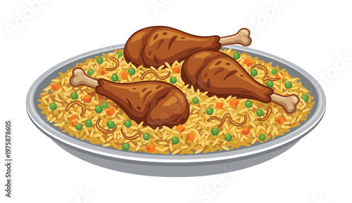 Appetizing vector illustration of savory chicken drumsticks served on yellow rice with green peas and orange carrots. Perfect for recipes, menus, or food blogs.