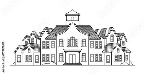 Elegant line art vector illustration of a classic mansion. Perfect for architectural design, real estate, property concepts, or sophisticated home decor visuals. Clean, traditional style.