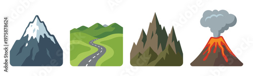 Diverse nature landscape vector icons: snow mountains, green hills, road, jagged peaks, and an erupting volcano. Perfect for web, app, infographics, and educational designs.